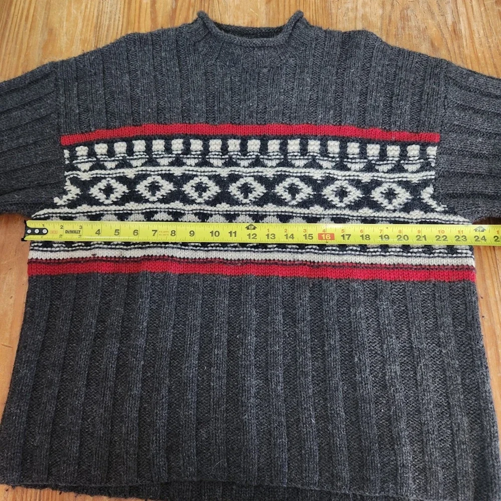 Vtg J. Crew Oarsman Men's L 100% Wool Sweater Gray Fair Isle Roll Neck Fisherman